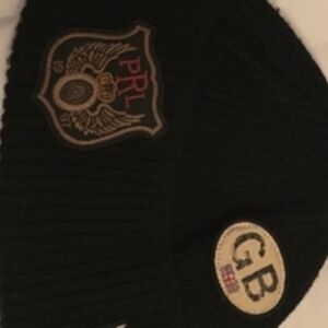 Men's Black Ribbed Beanie with Embroidered Crest Patches